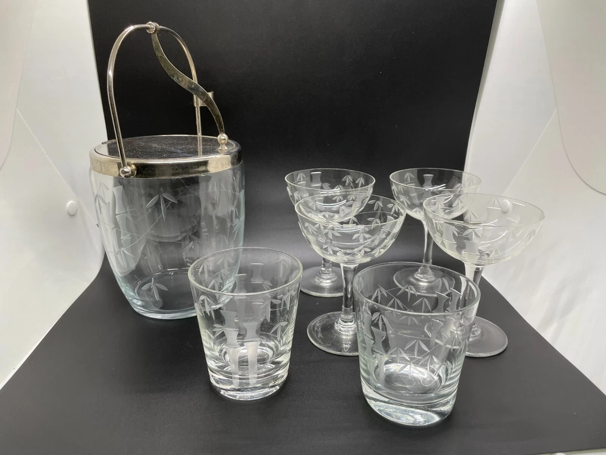 VTG 1960s Noritake Sasaki Etched Bamboo Ice Bucket w 6 glasses MCM