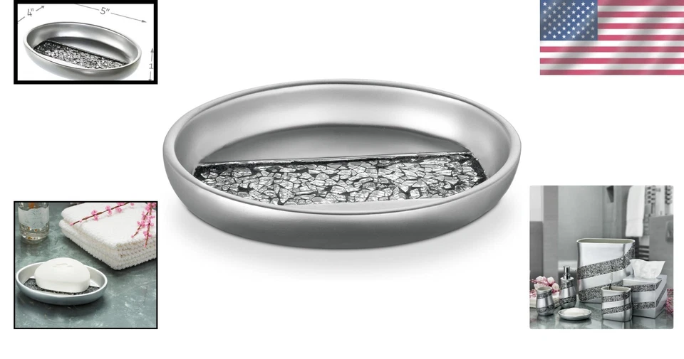 Soporte de jabón compacto ovalado de mosaico de plata - Resina decorativa para jabón de secado rápido Foto 2 de 4