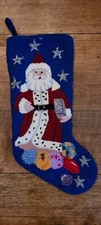 Vintage Punch Needle Christmas Stocking Santa Claus Silver Stars Blue Back