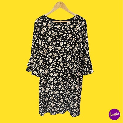 WALLIS Women's Double Flute Midi Dress, 3/4 Sleeve, Daisy Print, Black, UK 14