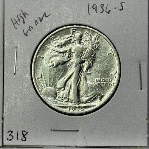 1936 S Walking Liberty Silver Half Dollar HIGH Grade US Coin #318 - Foto 1 di 2