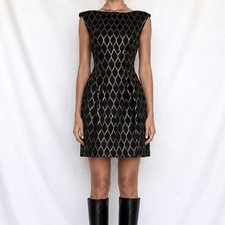 Vintage Y2K Black Gold Print Pattern Knee Length Flared Cocktail Dress Size M