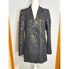 Lafayette 148 New York Gold Navy Metallic Jacquard Longline Blazer Jacket 10