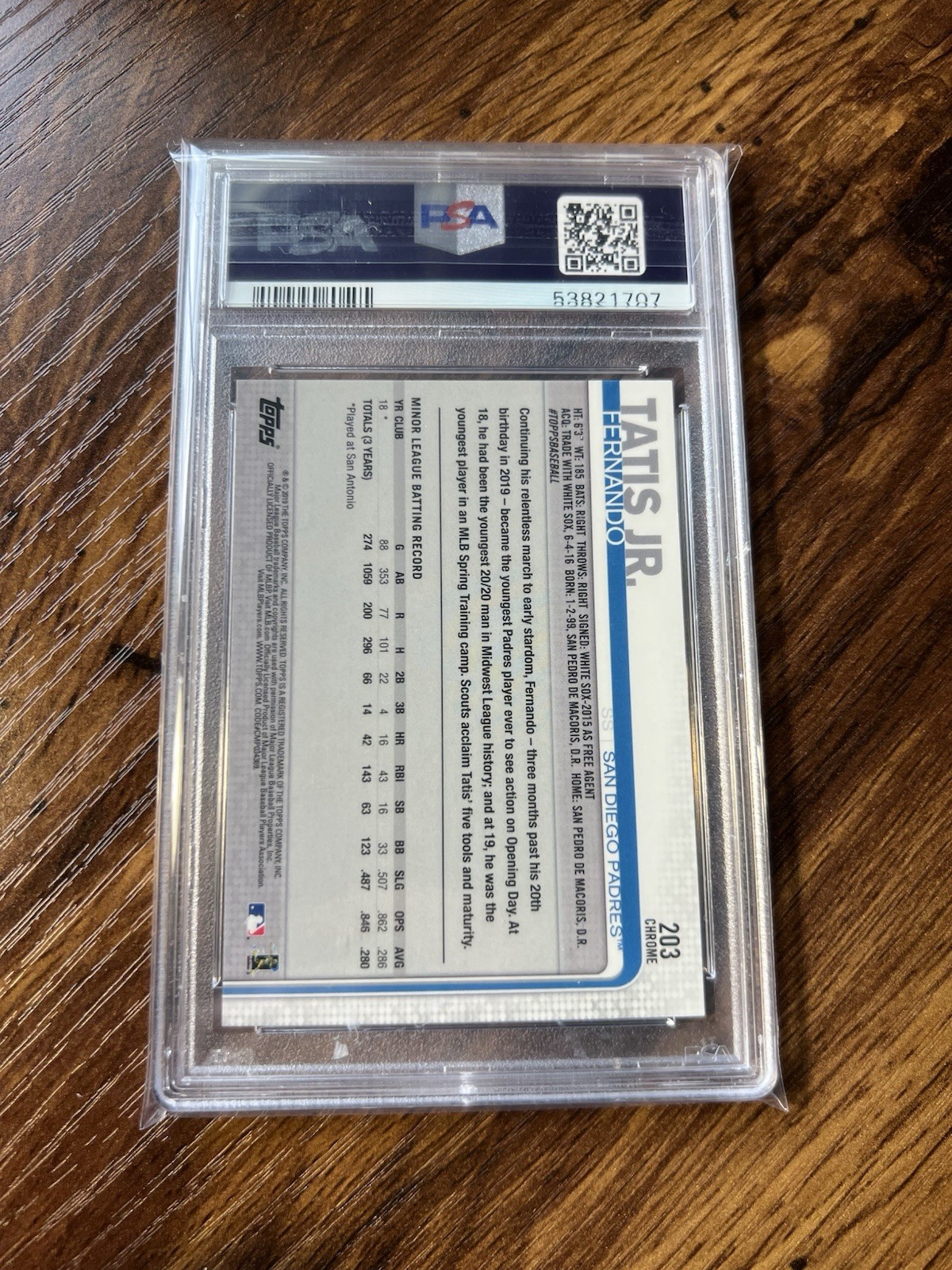 2019 Topps Chrome Fernando Tatis Jr. Rookie #203 Padres PSA 10 view 2