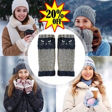Knitted Fingerless Gloves for Women, Cute Cat Embroidery Cozy