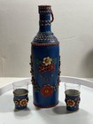 Vintage Blue Leather wrapped bottle and two glasses with a pretty floral design — photo 1