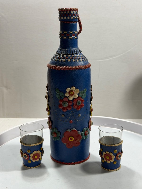 Vintage Blue Leather wrapped bottle and two glasses with a pretty floral design
