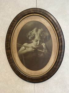 VTG Cupid Asleep Print Oval Frame Faux Wood 13.5x16.5 Wall Art Decor