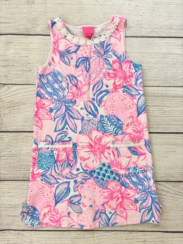 LILLY PULITZER Girls Large 8-10 Pink Isle Snappy Turtle Knit Bow Shift Dress EXC