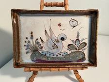 Vintage Signed Ken Edwards Mexico Tonala Rectangle Ceramic Tray Bird Butterfly