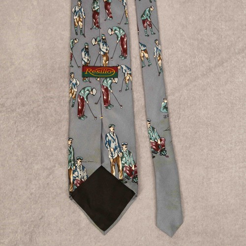 Vintage 1990s Golf Print Silk Tie Light Grey Resilio - Picture 2 of 5