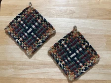 Handmade 2 Matching Cotton Woven Potholders Trivets Multicolor Earth Tone Gift