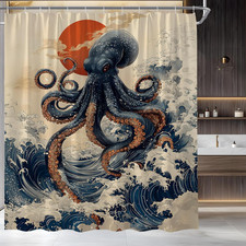 Octopus Shower Curtain Ocean Great Wave Navy Blue Kraken Tentacles Vinatge Marin