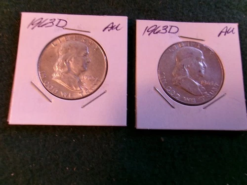 1 Pair of 1963D 90% Silver Ben Franklin Half Dollars, AU Condition!