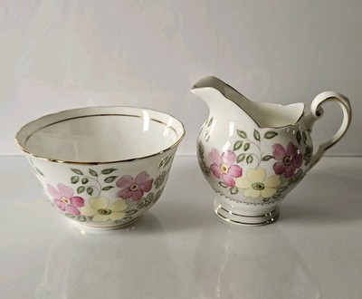 Vintage Tuscan Bone China Sugar & Creamer Pink Yellow Floral England See Note