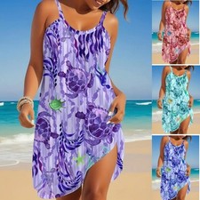 Ladies Summer PRINT Holiday Strappy Beach Cover up Shirt Mini Dress PLUS SIZE