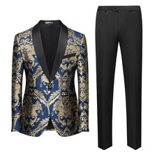 Men Blue Gold Jacquard Tuxedo Jacket Shawl Lapel One Button Wedding Party Blazer