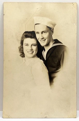 1940s Vtg Photo Navy Sailor and Sweetheart Atlantic City NJ WWII Couple RPPC