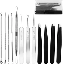 Blackhead Remover Tools, 8 Pack 12 Pimple Popper Tool Kit, Silver Black 