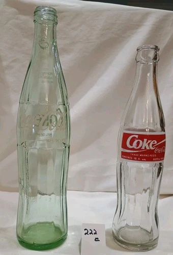2 Vintage Coca Cola Bottles. 16 Oz Green Tint And 10 Oz Clear With ACL