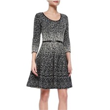 CARMEN MARC VALVO Knit Dress Womens S Evening Glory Black Gold Lurex 3/4 Sleeve