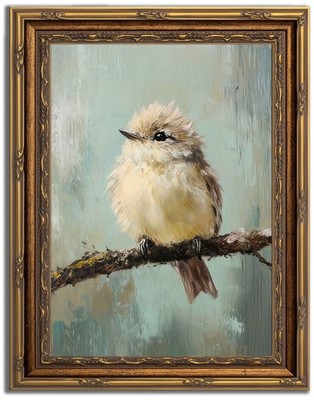 Gold Framed Bird Canvas Wall Art Vintage Bird Beige Sparrow painting Decor Pi...