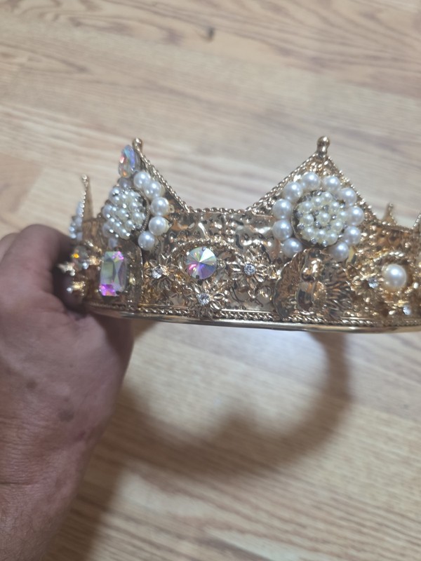 gilded gold color metal crown with faux pearls crystals