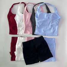 Gym Set Women 2PCS Seamless Backless Halter Top High Waist Shorts Fitness Outfit