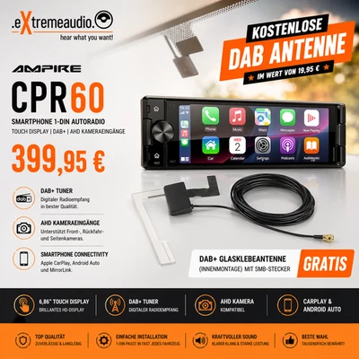 AMPIRE CPR60 Smartphone 1-DIN DAB+ Radio Coche AHD con Antena DAB gratuita SMB - Imagen 1 de 4