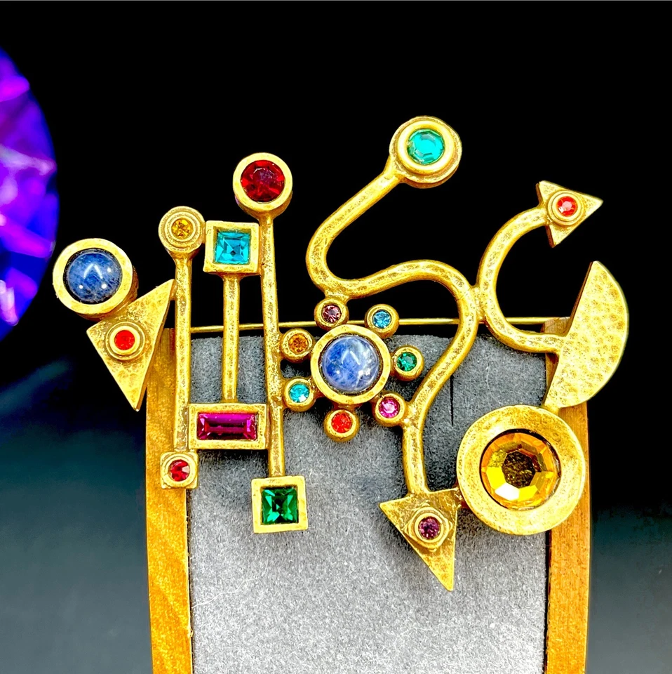 PATRICIA LOCKE CHAPADO EN ORO PIEDRA MULTICOLOR ARTE MODERNO ABSTRACTO BROCHE GRANDE