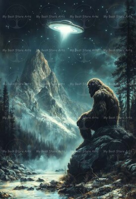 BIGFOOT and UFO ART PRINT, Sasquatch Nature Poster, Forest Beast Wall Decor F207
