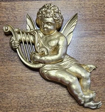 Vintage 1963 Syroco Gold 15"x14" Cherub Playing Harp 4775B Wall Hanging USA