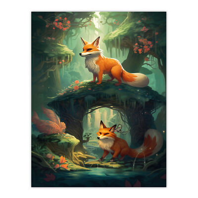 Kitsune Fox Spirits Mythical Creatures Enchanted Forest Wall Art Poster Print