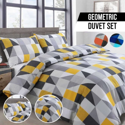 Triangles Geo Polycotton Duvet Cover Bedding Set Orange Ochre Blue Duvet Pillow