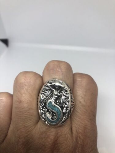 1980's Vintage Southwestern Silver Men's Turquoise Stone Inlay Mermaid 6.25 Ring - Picture 1 of 12