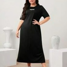 New 1X Shein Black Long Graphic Dress “NOPE” on Chest and Inspirational Sleeve