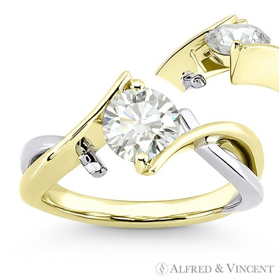 Rund Brillant Cut Moissanit zweifarbig 14k Gold Fancy Solitär Verlobungsring