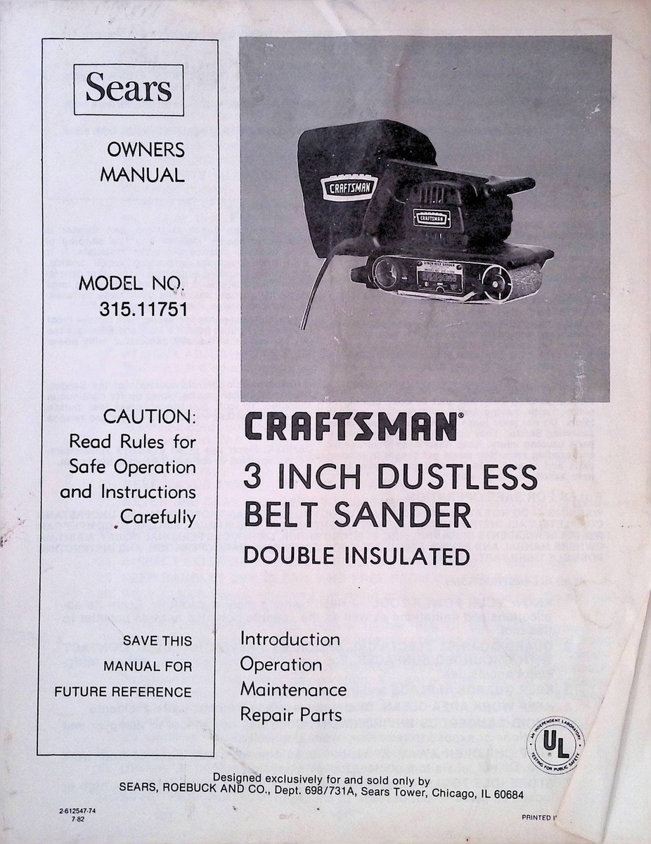 Vintage Craftsman 3 Inch Dustless Belt Sander Model 315 Manual