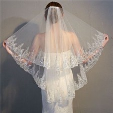 White Bridal Veil with Pearl Comb Shoulder Length Wedding Headpiece Lace Trim