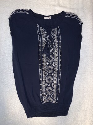 BEACH BY EXIST Women's SMALL Blouse Tassels Boho Embroidered Blue Vacation