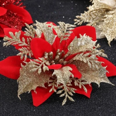 10PCS Décoration Fleur Artificielle Pailletée Pour Ornement Sapin Noël - Photo 1/4