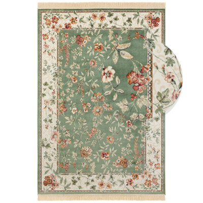 Orientalischer Samt-Teppich mit Fransen Oriental Flowers Grün