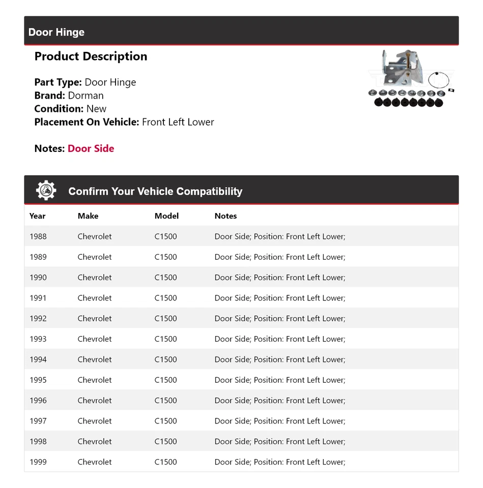 For 1988-1999 Chevrolet C1500 Dorman Door Hinge Front Left Lower 1989 1990 1991 - Image 2 of 4