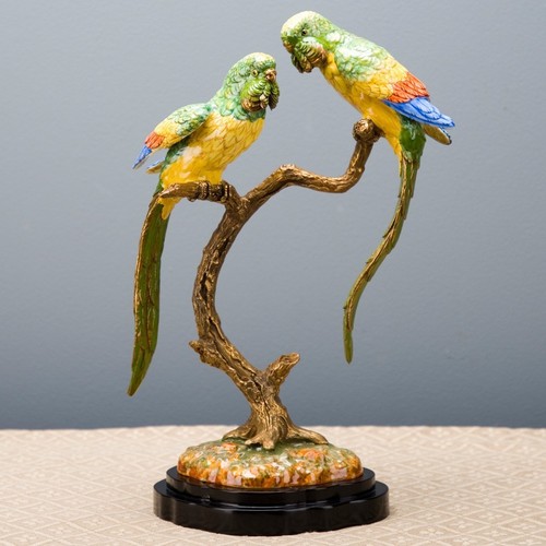 PORCELAIN AND BRONZE ormolu BIRDS parrot PARROTS FIGURINE ON BRANCHES - Picture 1 of 4