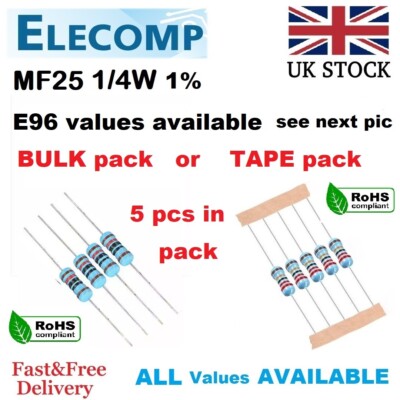 1/4W Metallfolie PRÄZISIONSWIDERSTÄNDE 1% E96 alle Werte 1R-392R 5 Stück/Pack UK Lager
