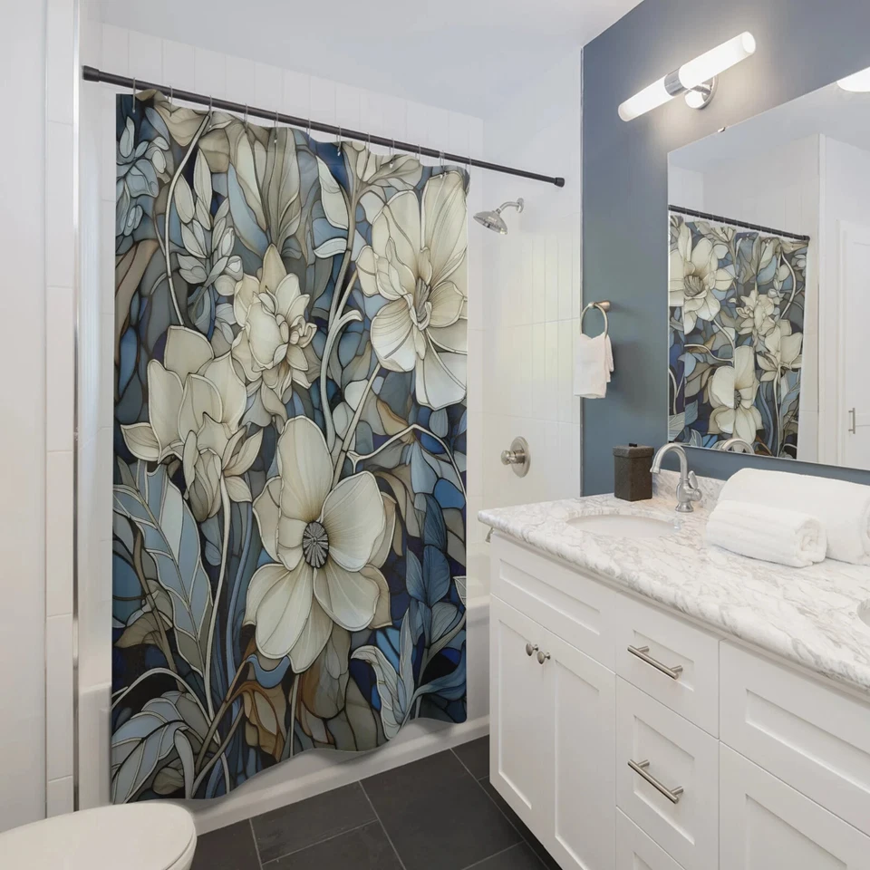 Cortina de ducha William Morris efecto vitral azul, bronceado, crema, índigo 71x74" Foto 2 de 2