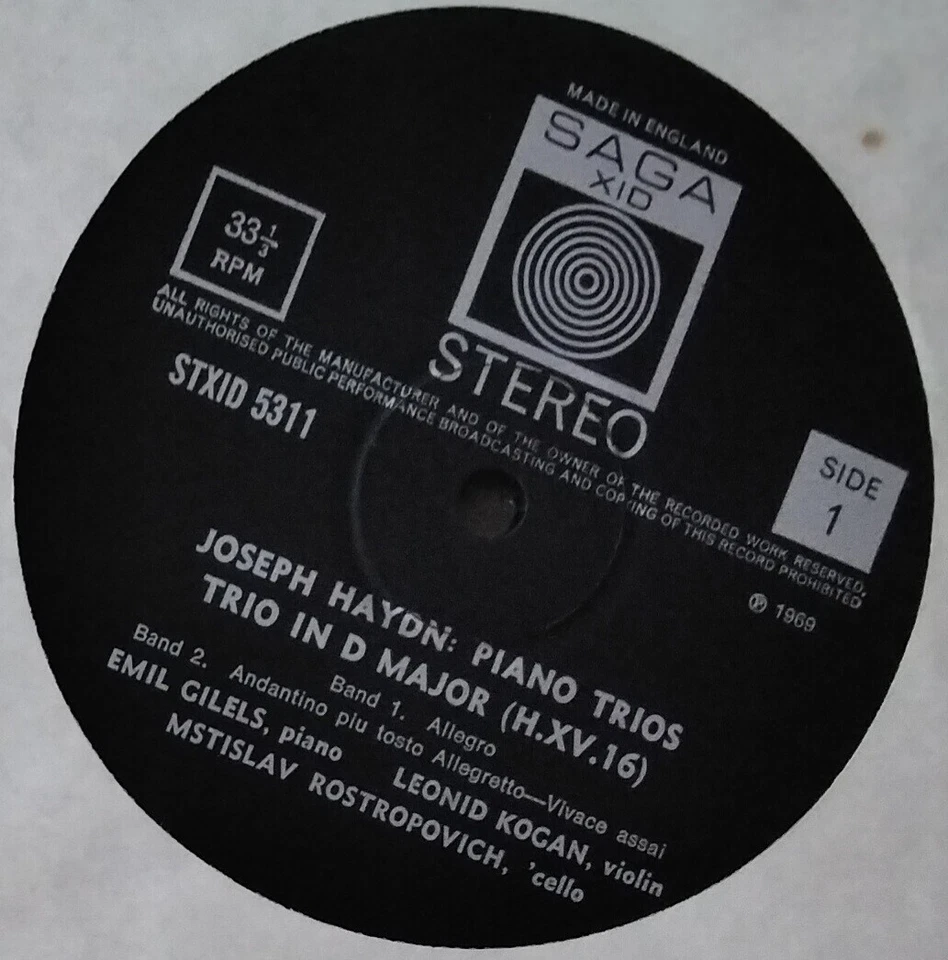 SAGA XID 5311 UK ED 1 HAYDN - PIANO TRIOS GILELS, ROSTROPOVITCH, KOGAN 1969 LP - Image 3 of 3