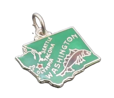 925 Sterling Silver Vintage Pendant Green Enameled Mini Washington Map  PT22689