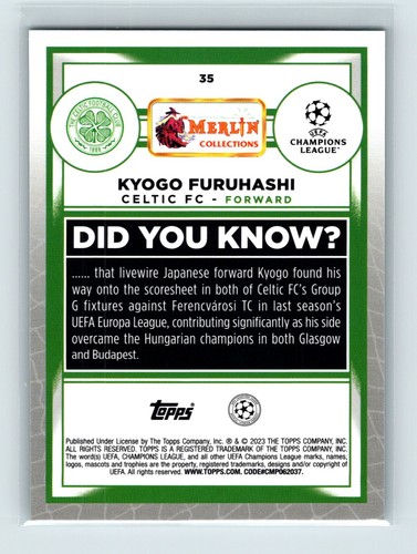 2022-23 Topps Merlin Chrome #35 Kyogo Furuhashi Aqua Prism Celtic FC - Picture 2 of 2