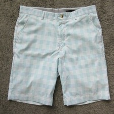 GREG NORMAN MEN 34 GOLF SHORTS CASUAL WHITE BLUE GREEN CHECK POLYESTER FLAWLESS
